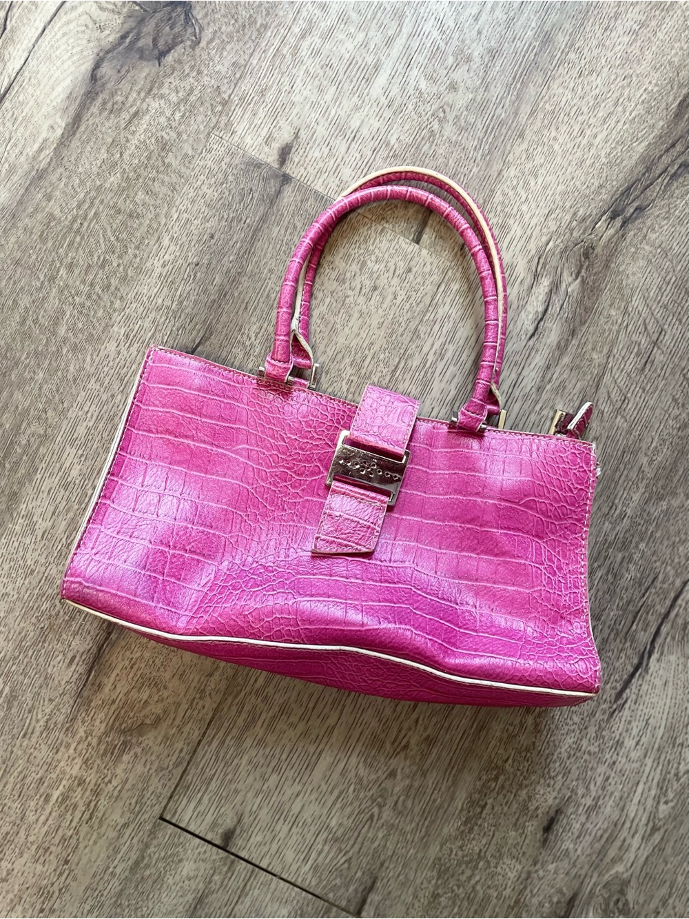 Emilie M. shocking pink croc print embossed clutch with silver hardware
